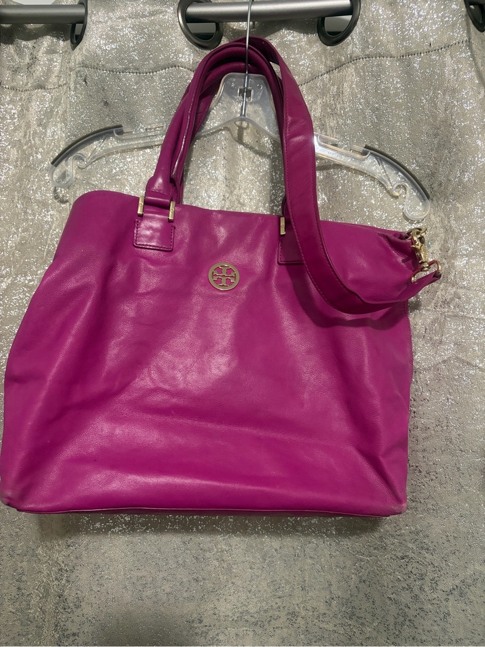 Tory Burch Magenta Leather Tote with Gold Logo